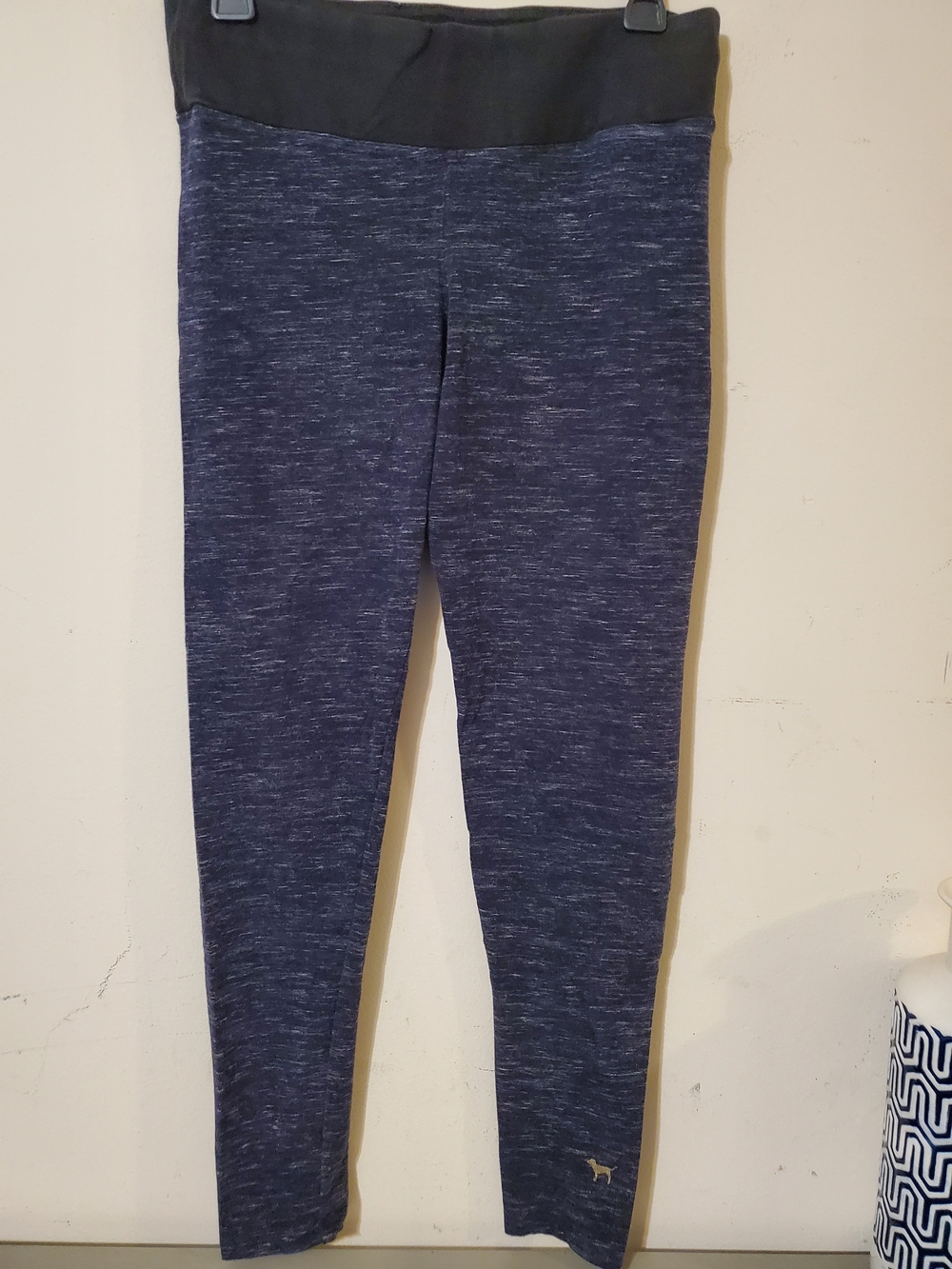 Y2k VS PINK Leggings Heathered Navy with Black Waistband Sz M Logo